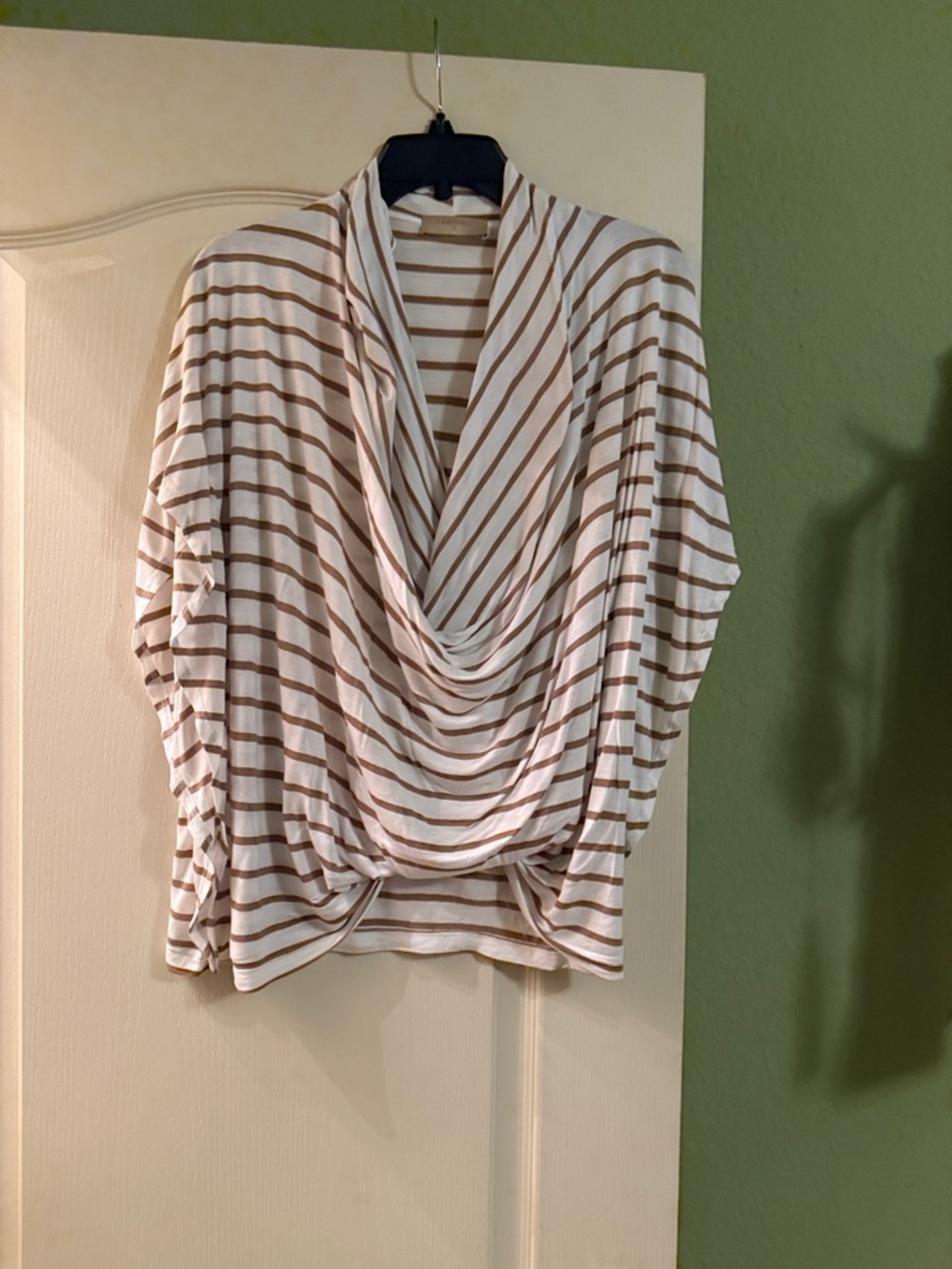 Language Striped Draped Cowl Top in White and Tan